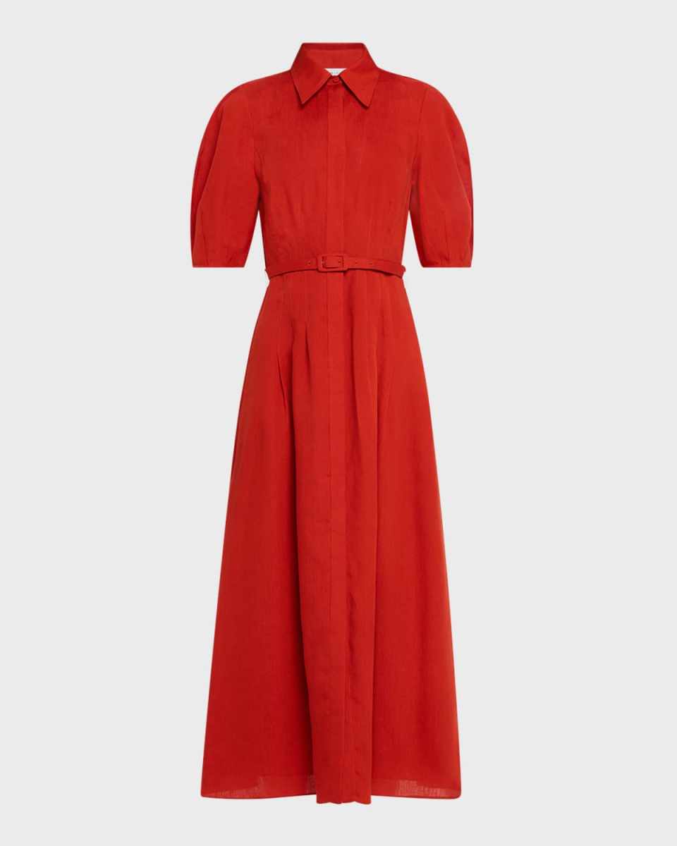 Maude Puff-Sleeve Belted Linen Midi Shirtdress